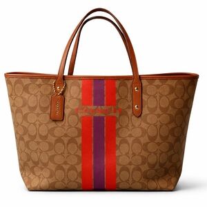 Signature Coach Pattern Brown Leather Tote with Red and Purple Stripe